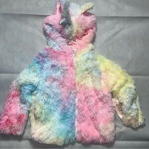 Chenault girl rainbow colored furry full zip unicorn hoodie jacket size XS 4/5